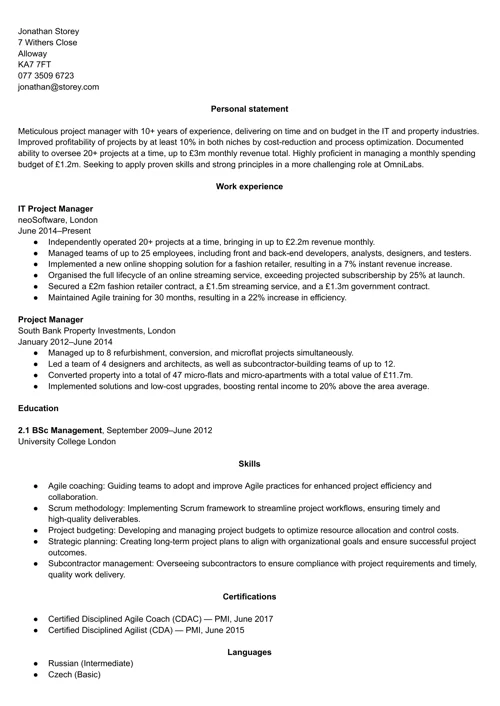 projektipäällikön CV-esimerkki